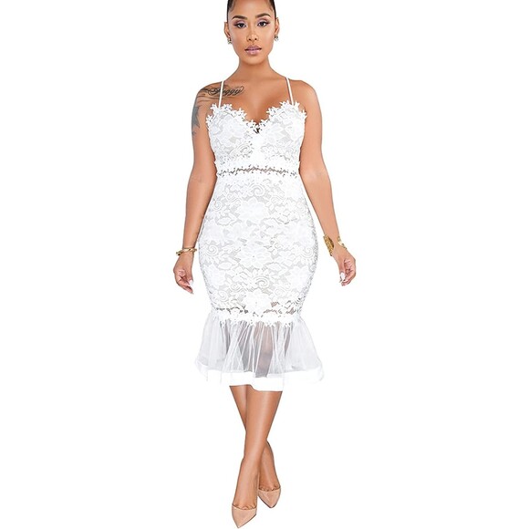 Lace Mesh Sheer V Neck Spaghetti Strap Midi Dress Sz L - Picture 2 of 10